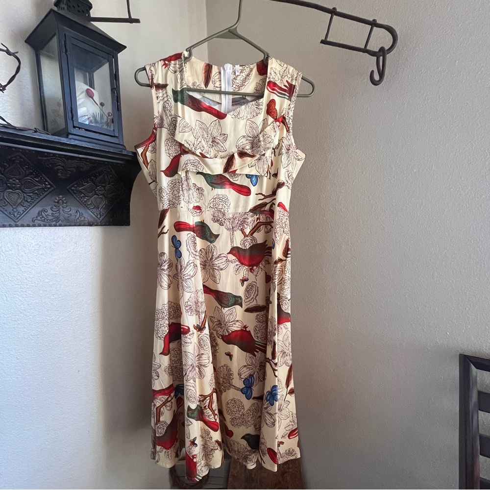 Cream Floral & Bird Print Sleeveless Dress
